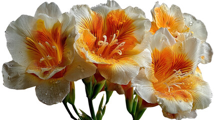 Golden Sunrise Blooms: A captivating macro shot unveils a cluster of freesia flowers, each petal painted with shades of creamy white and vibrant gold, symbolizing warmth, beauty.