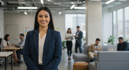 Fototapeta premium Confident Businesswoman Smiling in Modern Office, Successful Leadership, Corporate Professional, Team Collaboration, Career Success