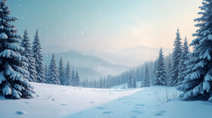 Obraz premium Winter background .Merry Christmas and happy New Year greeting card with copy-space. Christmas landscape with snow and fir trees