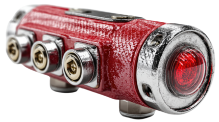 Industrial Component: A close-up image of a sleek, metallic industrial component featuring a striking red finish and precise metallic fixtures, highlighting the beauty of design and its purpose.