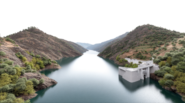 River Dam Scenery: Majestic river dam carved into a mountain range, surrounded by lush vegetation, reflecting the serene beauty of the natural environment