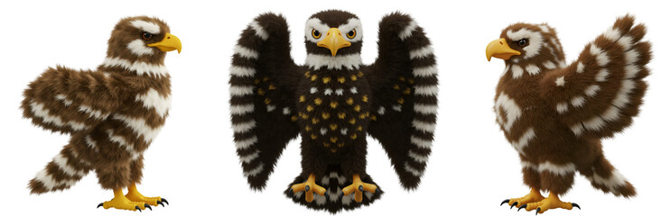Obraz premium 3D Three stuffed eagles standing in a row with different color patterns and wing positions shown clearly on transparent background