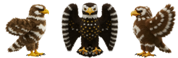 3D Three stuffed eagles standing in a row with different color patterns and wing positions shown clearly on transparent background