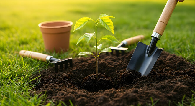 Planting a young tree seedling gardening tools nurturing growth new life environment sustainability nature outdoors spring renewal - Powered by Adobe