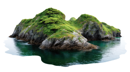Serene Island Paradise: A lush, moss-covered island rises gracefully from the calm, crystal-clear waters, a tranquil sanctuary of nature's beauty.