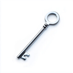 Sleek modern metallic key placed on a pure white background ideal for web design and digital graphics