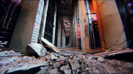 Obraz premium Damaged Data Center with Exposed Wires and Debris