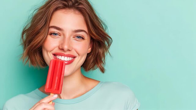 Young woman with short hair licking red popsicle on turquoise background. concept of summer dessert, freshness, and playful mood