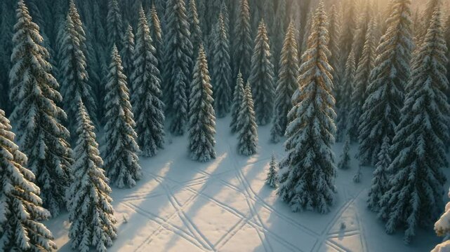 Snow-Covered Evergreen Forest with Sunlight Glimmering Through Trees