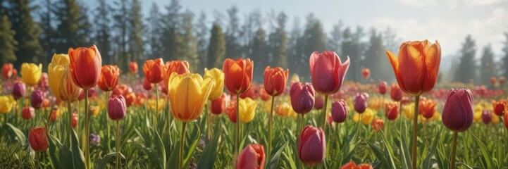 Obraz premium Close-up of colorful tulips in a sun-drenched meadow, Easter theme , flowers, spring flowers