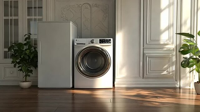 Modern laundry area featuring a sleek washing machine and refrigerator in a bright room with plants