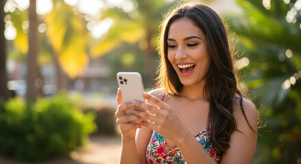 Happy young woman using mobile phone outdoors in summer park Smiling girl reading good news on smartphone online app