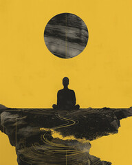 Concept of Divine Path and Enlightenment. Contemporary Art Collage of Floating Gray Black Religion Concept on Yellow Background. Generative AI