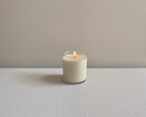 A lit white candle in a glass jar sits on a plain white surface against a neutral background.