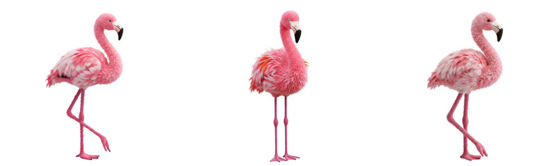 Fototapeta premium 3D Three pink flamingo decorations standing against a plain backdrop in different poses and orientations on transparent background