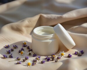 A white cosmetic cream jar with an open lid sits on soft fabric, surrounded by small purple and white flowers.