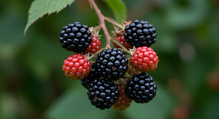 Ripe and unripe blackberries on a branch Freshly picked organic blackberries perfect for summer desserts