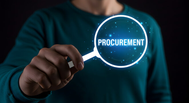 Procurement Search Technology Business Concept. Procurement management and supply chain concept ,Procurement Management Industry concept ,Person holding a magnifying glass to focus supply chain .