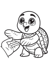 Coloring book kawaii turtle reaching out to a human hand. A cute moment of connection.