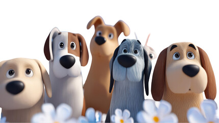 Fototapeta premium Group of animated dogs curiously looking at something in a colorful flower field, joyful scene