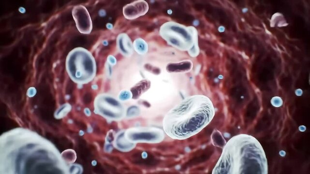 Medical illustration of microscopic immune cells attacking bacteria inside the human bloodstream