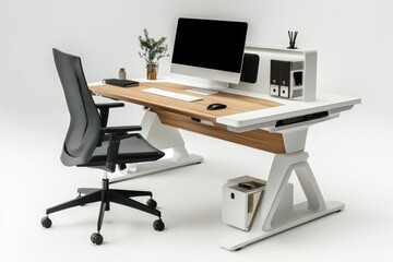 Black chair against white desk with wooden top.