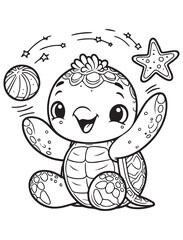 Coloring book turtle juggling a starfish and a ball with sparkling stars