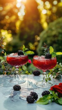 cool blackberry cocktail on the table. Selective focus