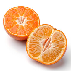 A mandarin sliced cleanly in half, revealing its juicy, segmented interior.