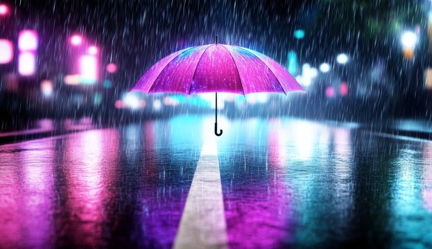 Pink Umbrella in Neon-Lit Rainy Night
