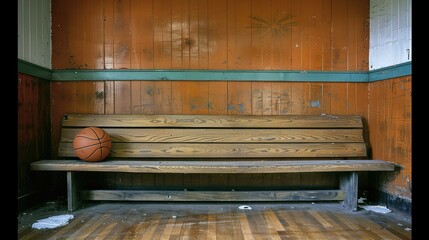 Wooden bench and basketball in an abandoned gymnasium.