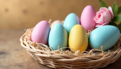 Pastel egg shapes on a woven basket background , seamless, textile, fresh
