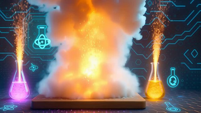 Colorful Chemical Reaction with Explosion Effect in Futuristic Laboratory Representing Science Innovation and Experiment


