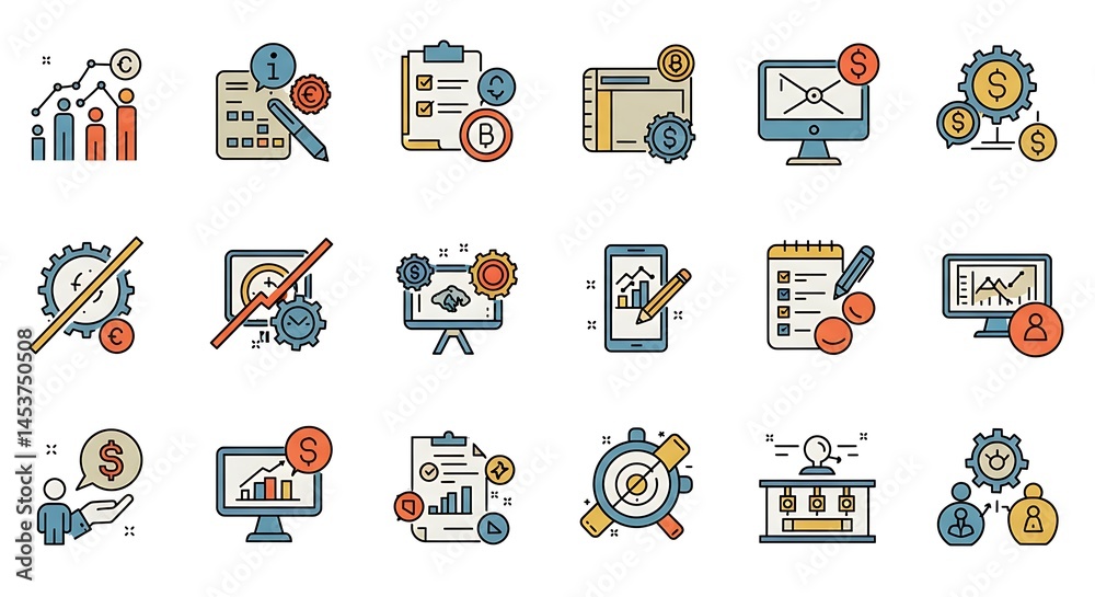 Fototapete a precise grid of ultra-smooth thin line art icons depicting business and technology concepts. each 