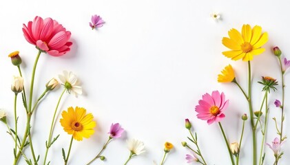 Delicate, scattered wildflowers on white background, pretty, minimal