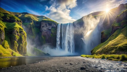 Obraz premium Slow motion cinematic waterfall mist Skogafoss Iceland sunny day, mist, landscape, mist, landscape, Icelandic waterfall