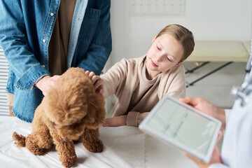 Caucasian girl and her father cuddling their lovely dog sitting on medical table in front of them...