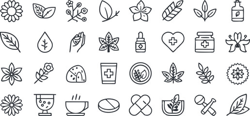 Nature & Wellness Icons Set – Herbal, Leaf, Medical, Tea, Organic