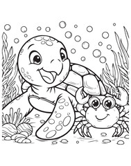 Coloring book sea turtle with a crab friend swimming among seaweed and bubbles