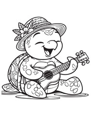 Coloring book turtle in a straw hat playing a ukulele. A cute and musical tropical scene.