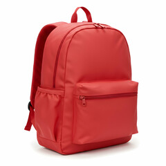 A studio shot of a vibrant red backpack with multiple compartments and zippers on a white background