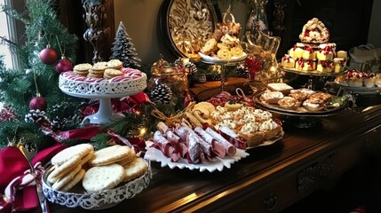 Naklejka premium Festive Christmas dessert and appetizer spread on a wooden sideboard.