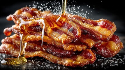 A pile of crispy bacon with a spoon surrounded by maple syrup on a black background creating a tempting culinary scene