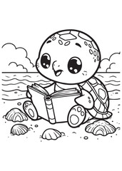 Coloring book turtle reading a book on the beach with seashells. 