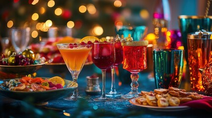 Festive holiday beverages and snacks arranged on a table.