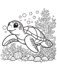 Coloring book  turtle swimming among coral, seashells, and bubbles. A cheerful underwater scene