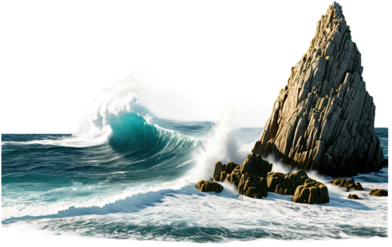 Dramatic ocean waves crash against a rocky headland, creating a dynamic coastal scene with energy.