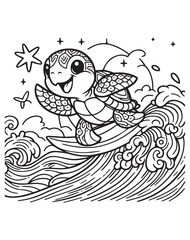 Coloring book turtle surfing a big wave under the sun and stars. A fun ocean adventure