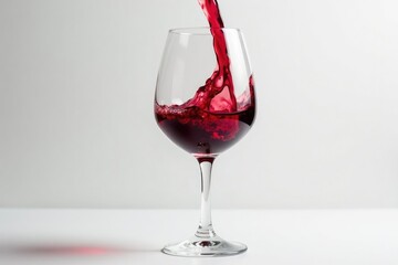 Rich red wine poured into glass, clean white backdrop, beverage, cabernet, elegant