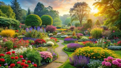 Obraz premium A serene garden with a variety of colorful flowers blooming in every direction